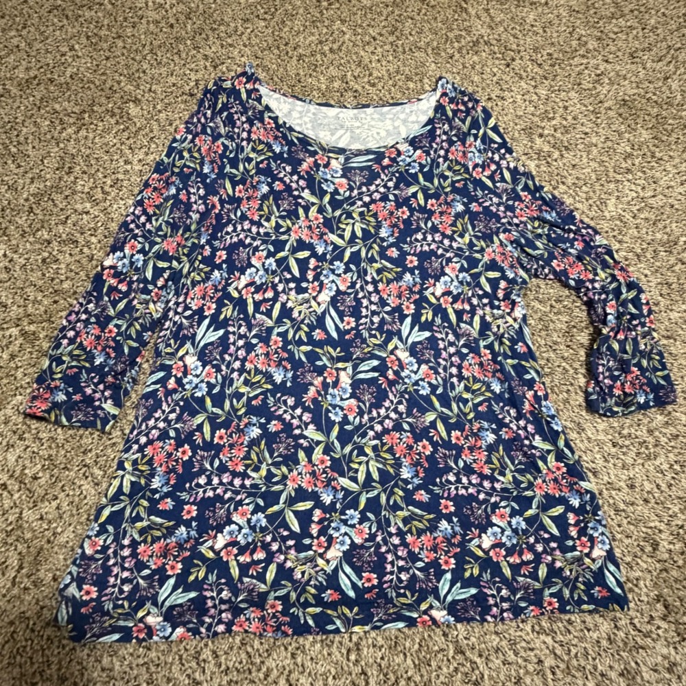 Talbots Woman Navy Blue Floral 3/4 Sleeve Rayon Blouse Top Plus Size 2X